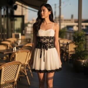 NWT Vintage Y2K 2000s Taboo DEB Mini Dress XL White Black Lace Goth Whimsygoth